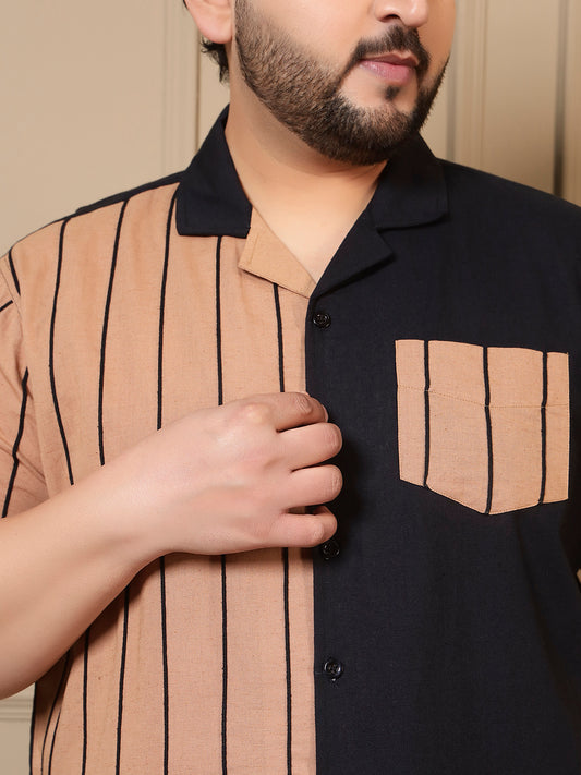 Black Colour Blocked Shirt With Pant Men Plus Size Co-ord Set