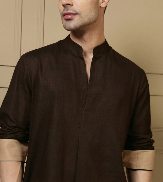 Dark Brown Solid Pure Cotton Shirt With Pants Co-Ord Set For Men