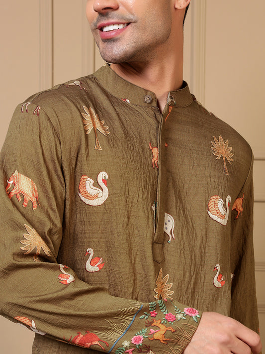 Olive Green Animal Border Printed Men Kurta