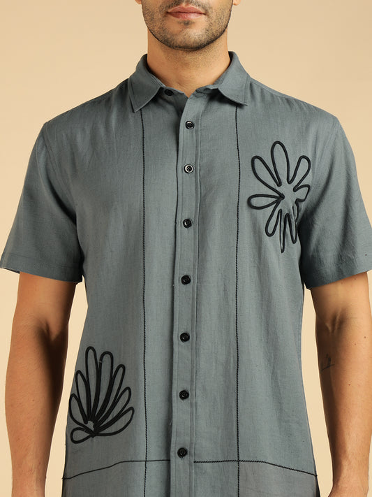 Grey Embroidered Pure Cotton Men Casual Shirt