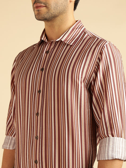 Brown Multicolor Striped Men Formal Shirt