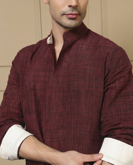 Maroon Cotton Textured Pleated Kurta With Pant Men Co-ord Set
