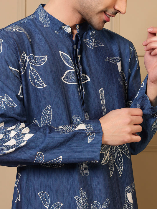 Blue Tropical Bird Printed Men Kurta