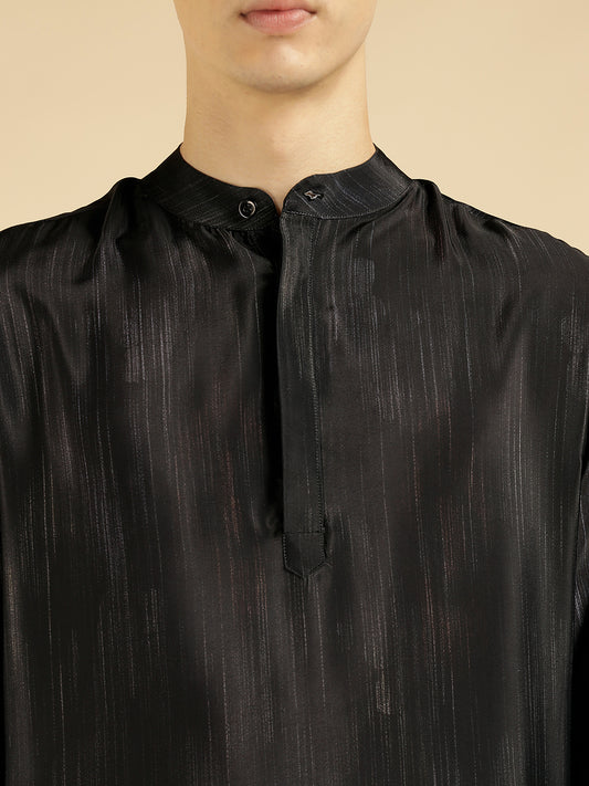 Black Ikkat Border Print Ethnic Kurta For Men