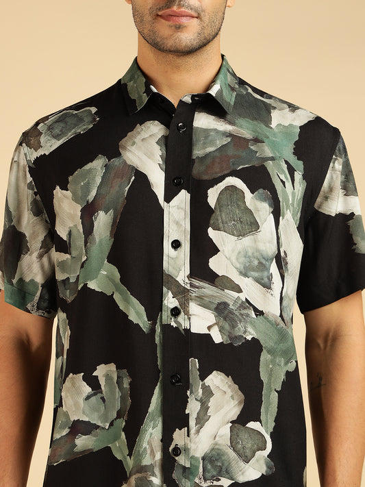 Black Abstract Printed Pure Rayon Men Casual Shirt
