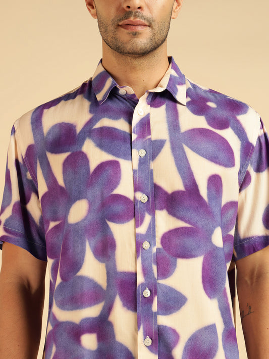 Lavender Floral Pure Rayon Men Casual Shirt