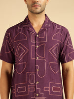 Wine Geometrical Printed Men Casual Shirt