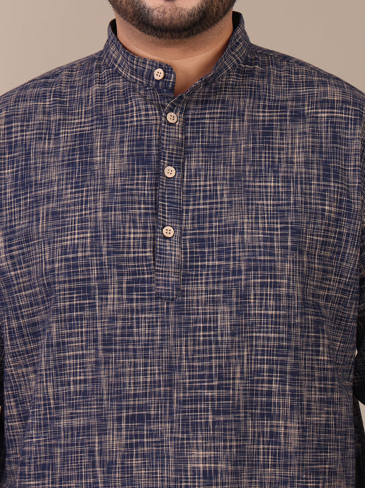 Handloom Cotton Navy Blue Mandarin Collar Plus Size Kurta For Men
