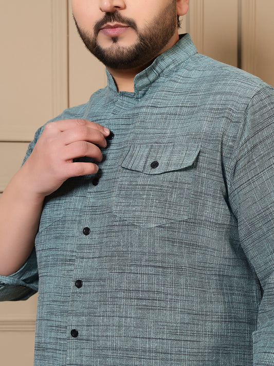Cotton Teal Blue Textured Kurta With Pant Men Plus Size Co-ord Set