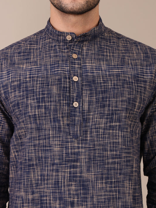 Pure Khadi Navy Blue Mandarin Collar Co-Ord Set For Men