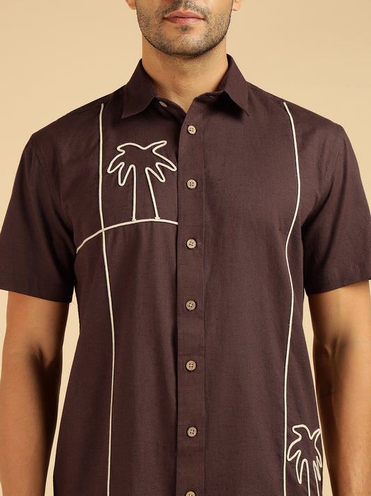 Brown Embroidered Pure Cotton Men Casual Shirt
