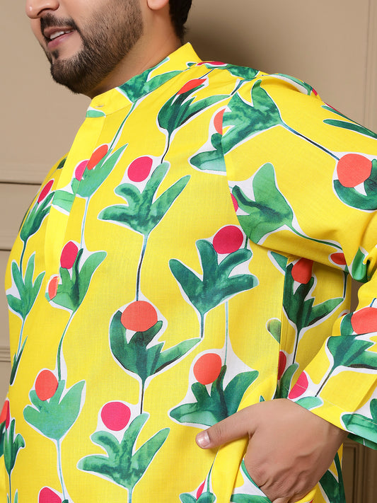 Lemon Yellow Floral Bota Printed Men Plus Size Kurta