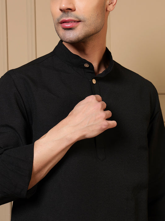 Black Cotton Kurta With Pant Men Co-ord Set