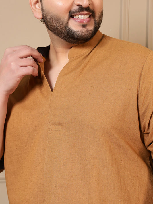 Beige Cotton Pleated Kurta With Pant Men Plus Size Co-ord Set