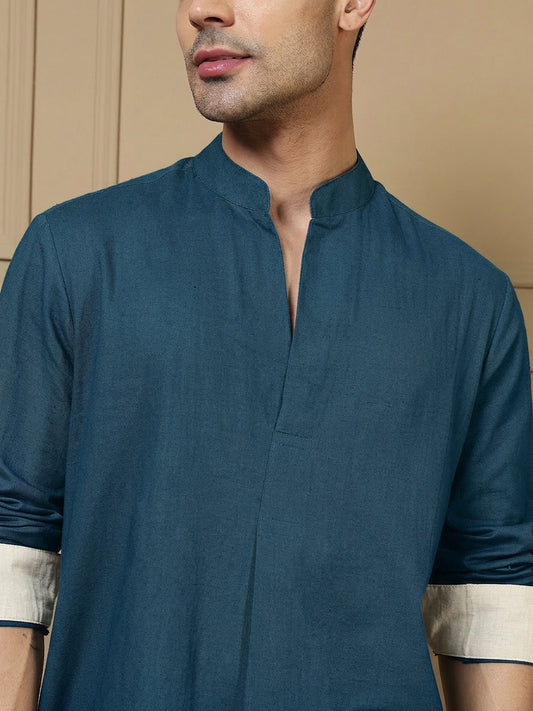 Teal Solid Pure Cotton Shirt With Pants Co-Ord Set For Men