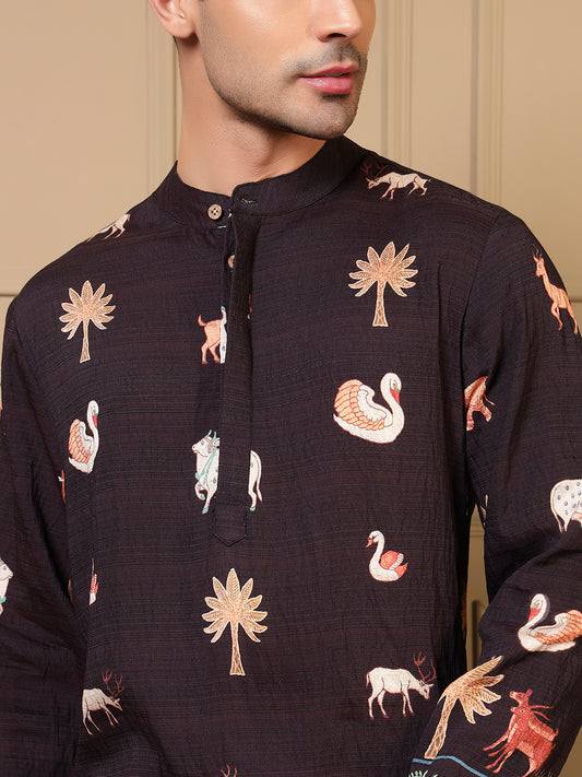 Black Animal Border Printed Men Kurta