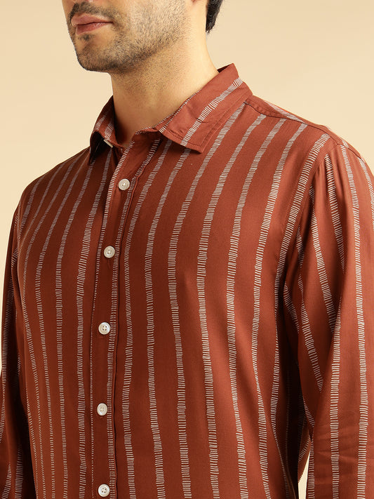 Tan Brown Striped Men Formal Shirt