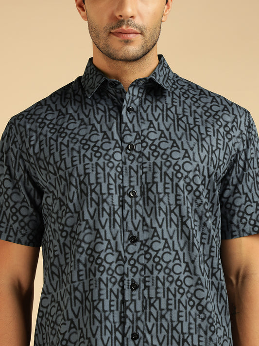 Grey Alphabetic Printed Pure Cotton Men Casual Shirt