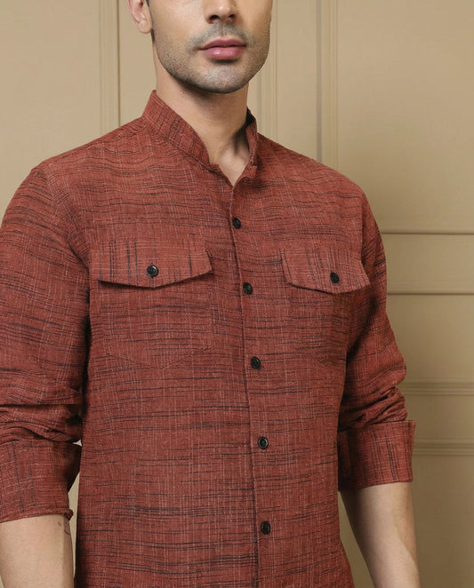 Cotton Tan Blue Textured Kurta With Pant Men Co-ord Set