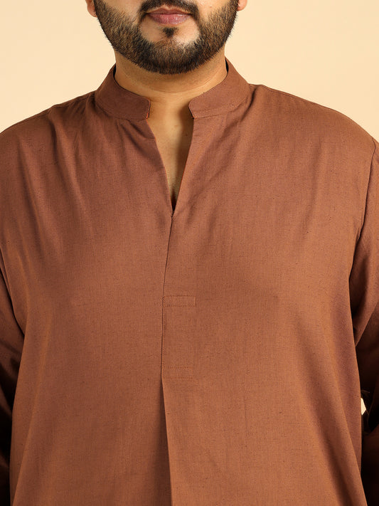 Tan Brown Solid Colour Pure Cotton Plus Size Co-Ord Set For Men