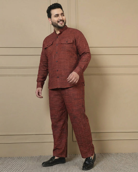Cotton Tan Blue Textured Kurta With Pant Men Plus Size Co-ord Set