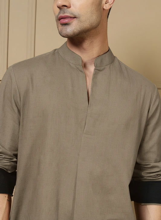Beige Solid Pure Cotton Shirt With Pants Co-Ord Set For Men
