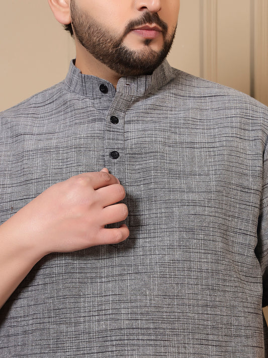 Grey Cotton Textured Printed Men Plus Size Co-ord Set