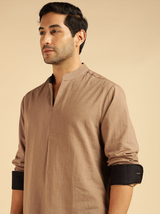 Beige Solid Pure Cotton Shirt With Pants Co-Ord Set For Men