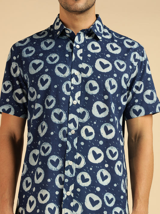 Indigo Pure Cotton Heart Printed Men Casual Shirt
