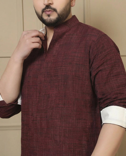 Maroon Cotton Textured Pleated Kurta With Pant Men Plus Size Co-ord Set
