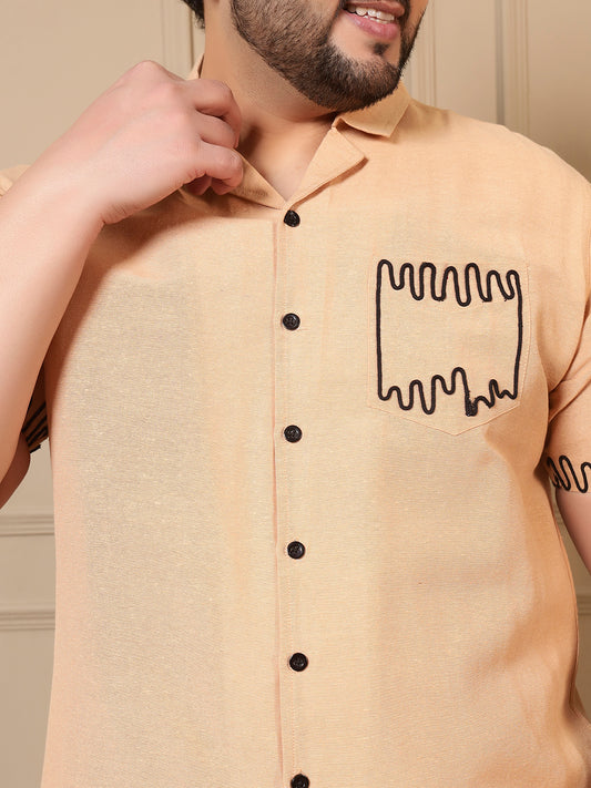 Beige Cotton Embroidered Shirt With Shorts Men Plus Size Co-ord Set