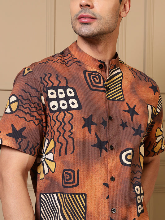 Brown Abstract Printed Shirt With Shorts Men Co-ord Set