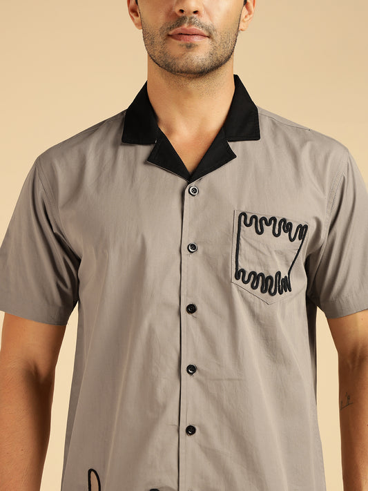 Grey Pure Cotton Embroidered Men Casual Shirt