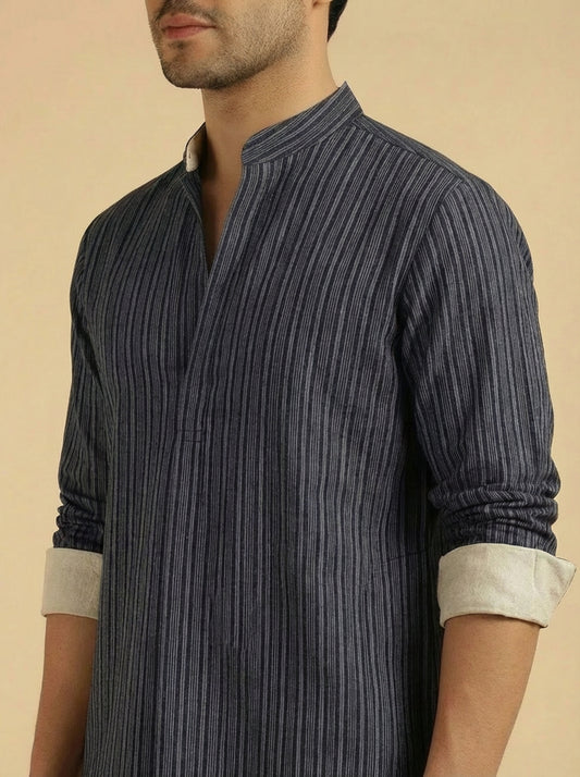 Navy Blue Cotton Textured Pleated Kurta With Pant Men Co-ord Set