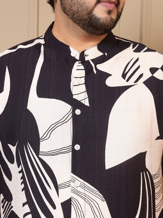Black Abstract Printed Shirt With Shorts Men Plus Size Co-ord Set