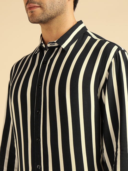 Black Striped Pure Rayon Men Formal Shirt