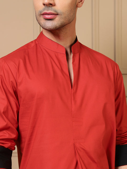 Red Orange Cotton Pleated Kurta With Pant Men Co-ord Set
