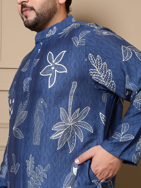 Blue Tropical Bird Printed Men Plus Size Kurta