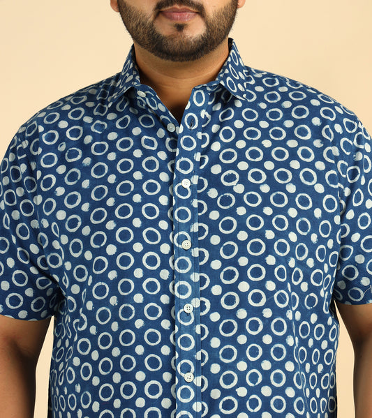 Cotton Circle Printed Plus Size Casual Indigo Men Shirt
