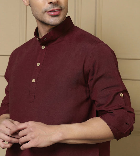 Maroon Cotton Kurta With Pant Men Co-ord Set