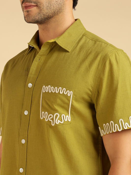 Lemon Yellow Embroidered Pure Cotton Men Casual Shirt