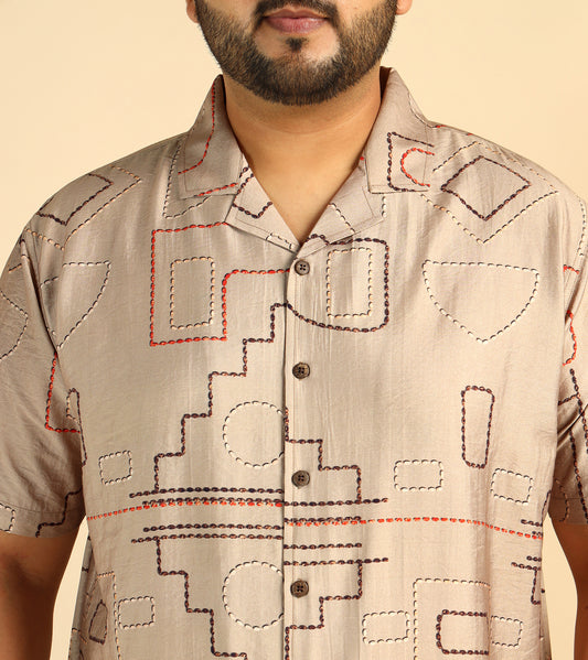 Beige Geometrical Plus Size Casual Men Shirt