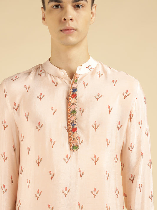 Off White Motif With Border Printed Ethnic Kurta For Men