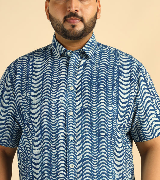Cotton Wave Printed Plus Size Casual Indigo Men Shirt