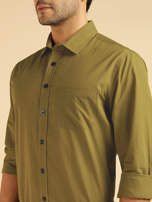 Pure Cotton Solid Olive Green Men Formal Shirt