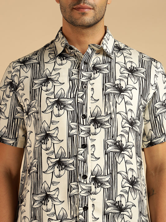 Black Floral Pure Rayon Men Casual Shirt