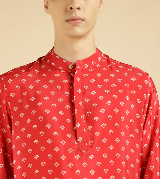 Red Motif With Border Printed Ethnic Kurta For Men