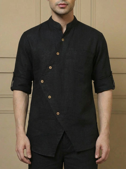 Black Angrakha Style Kurta With Pants Mens Co-ord Set