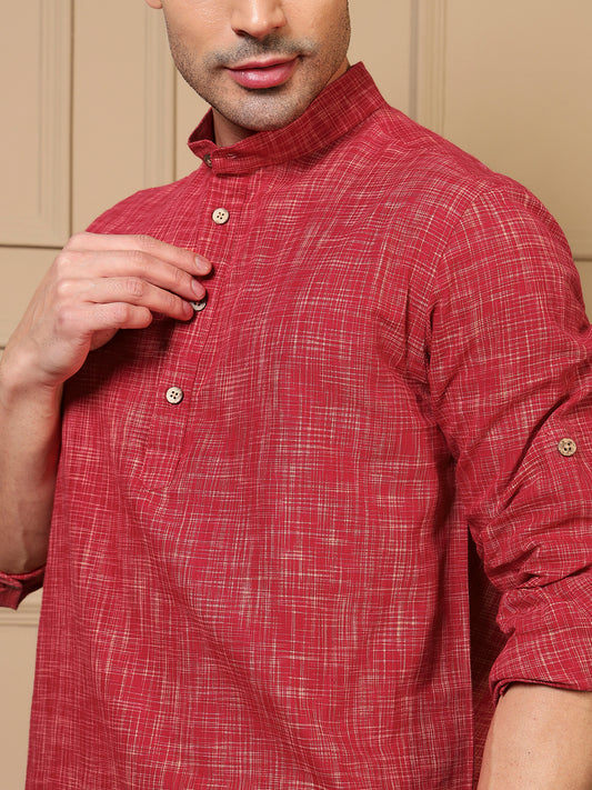 Red Textured Kurta With Pant Men Co-ord Set