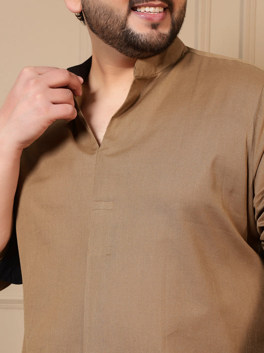 Khaki Cotton Kurta With Pant Men Plus Size Co-ord Set